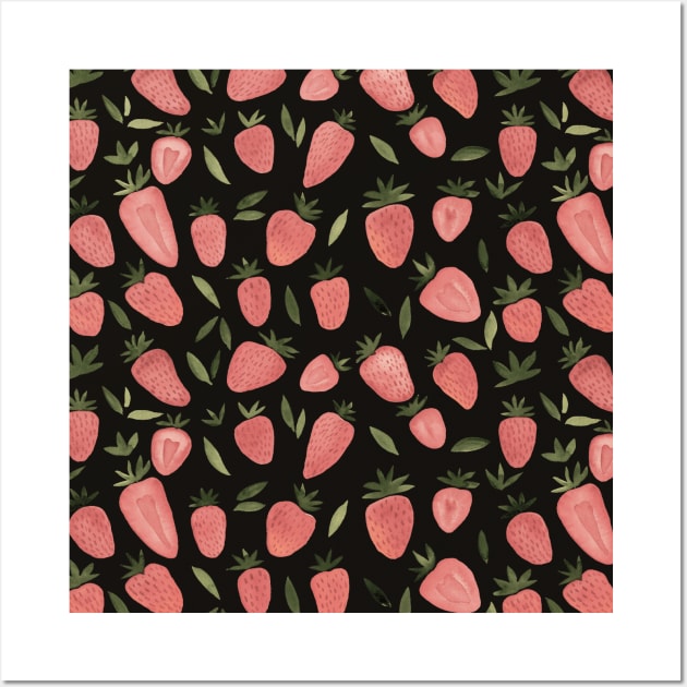 Watercolor strawberries pattern - dusty pink on dark background Wall Art by wackapacka